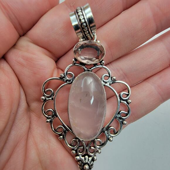 Sterling Silver Rose Quartz and Amethyst Flower Pendant Necklace - 20" Chain - Picture 8 of 8